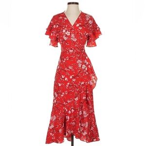 Max Studio NWOT Red Ruffle Floral High-Low Wrap Dress, Size L